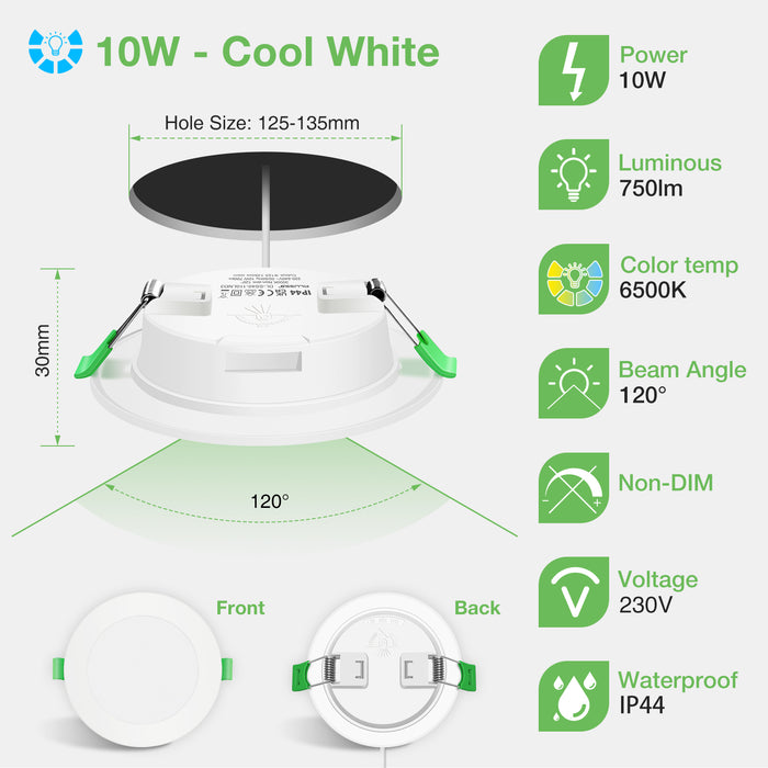 10W Recessed Led Ceiling Light Cool White 6500K Cutout Ø125-135mm, 6 Pack, IP44