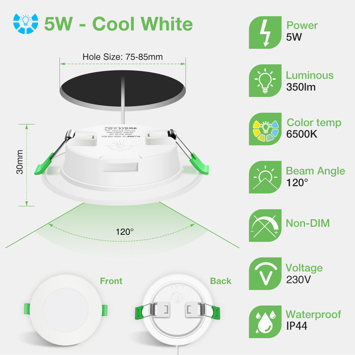 5W Recessed Led Ceiling Light Cool White 6500K Cutout Ø75-85mm, 6 Pack, IP44