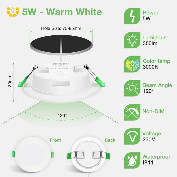 5W Recessed Led Ceiling Light Warm White 3000K Cutout Ø75-85mm, 6 Pack, IP44