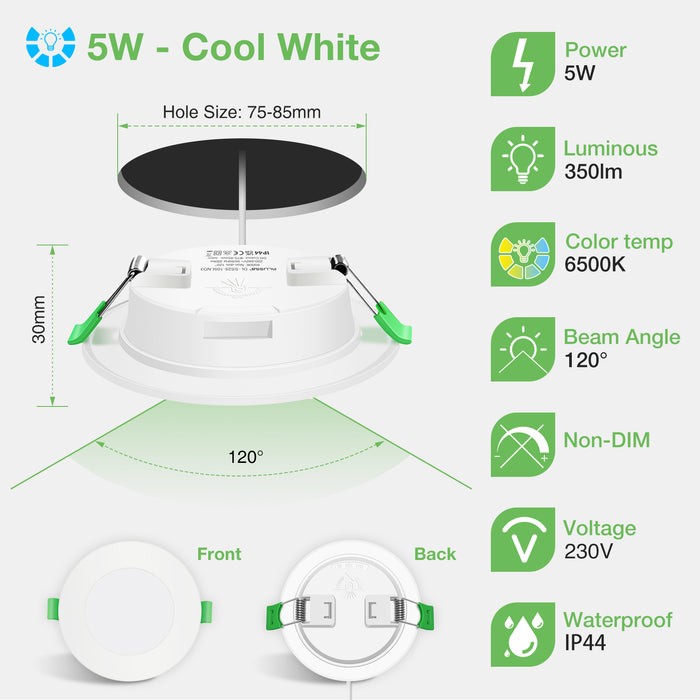 5W/7W/10W ltra Slim LED Downlight CCT Dimmable IP44,Cutout 75-135mm 6 Pack