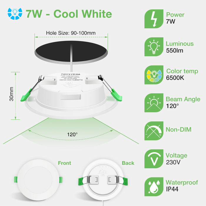 7W Recessed Led Ceiling Light Cool White 6500K Cutout Ø90-100mm, 6 Pack, IP44