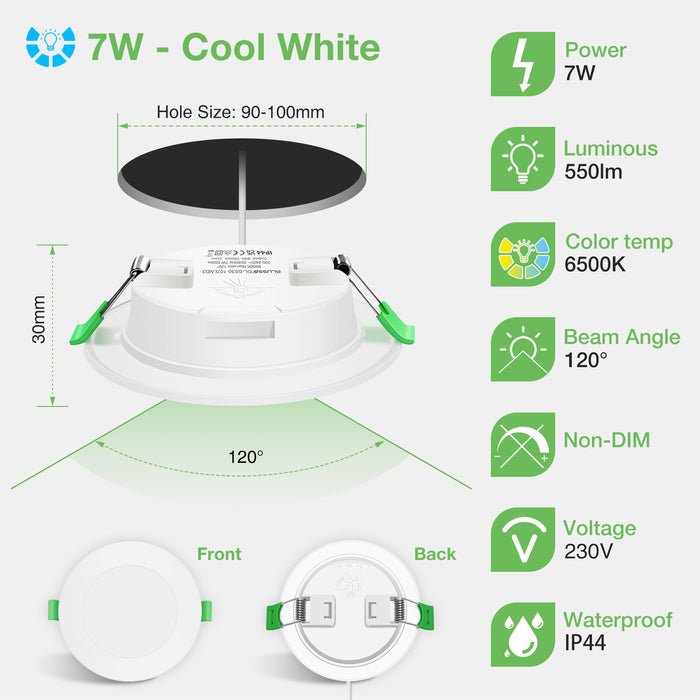 5W/7W/10W ltra Slim LED Downlight CCT Dimmable IP44,Cutout 75-135mm 6 Pack