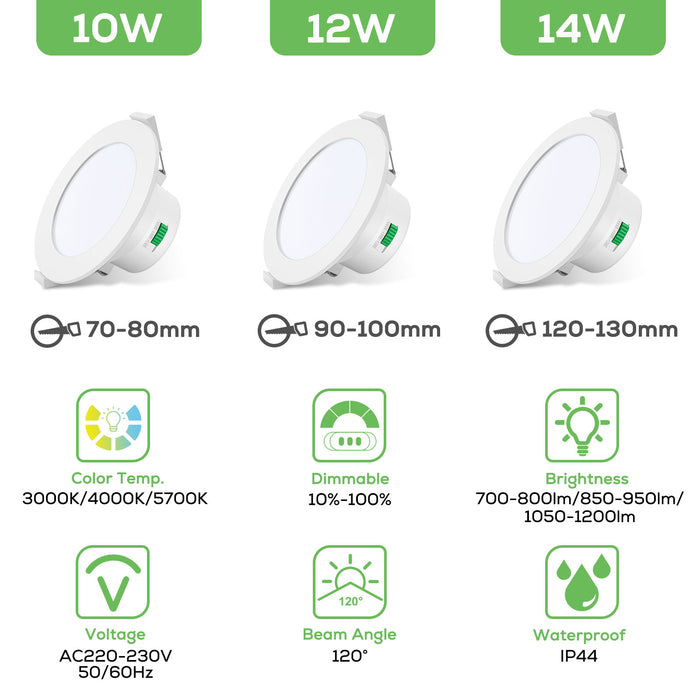 10W/12W/14W Led Downlight Dimmable Tri-coulor IP44/IP65 Recessed Ceiling Lights, 70/90/120mm Cutout, 6 pack