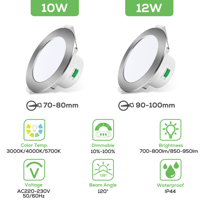 10W/12W/14W Led Downlight Dimmable Tri-coulor IP44/IP65 Recessed Ceiling Lights, 70/90/120mm Cutout, 6 pack