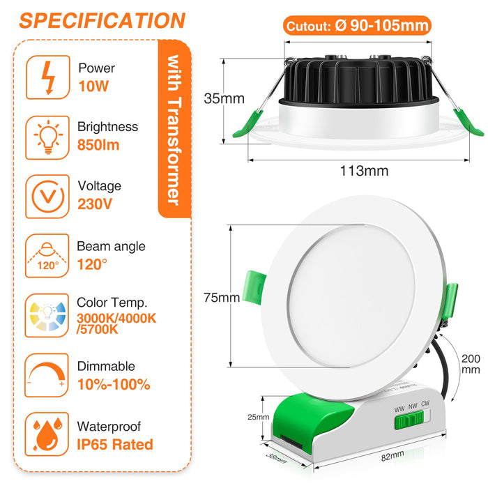 10W LED CCT Dimmable Downlight, White, Cutout Ø 90-105mm, IP65 Rated, 6 Pack