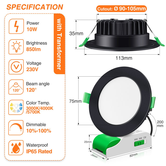 10W LED CCT Dimmable Downlight Black, Cutout 90-105mm, IP65 Rated, 6 Pack