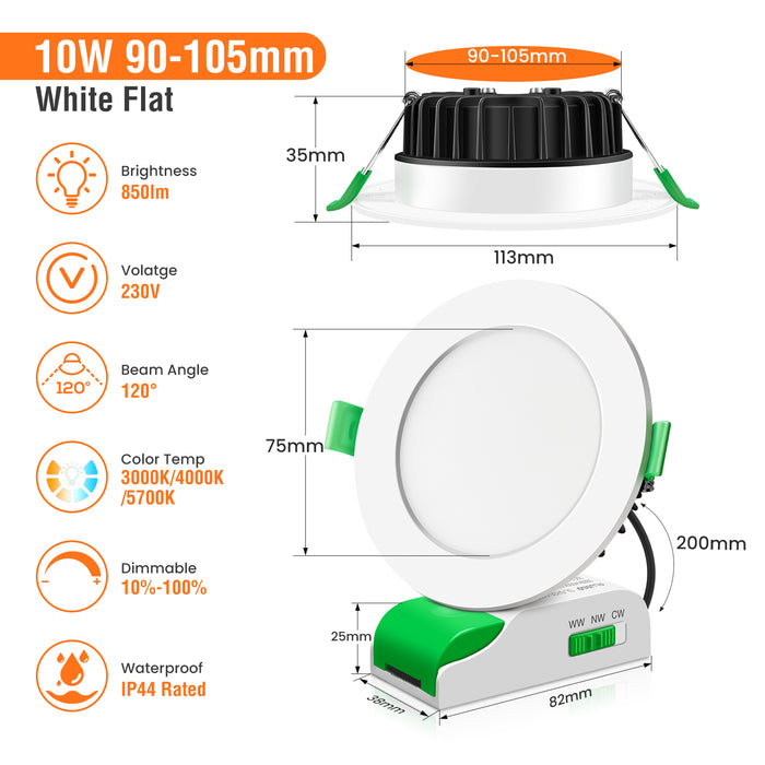 10W LED CCT Dimmable Downlight, Cutout 90-105mm, IP44/IP65 Rated, 6 Pack with External Driver