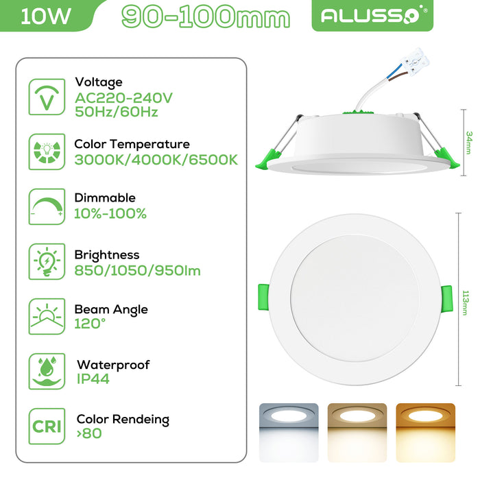 10W ∅90-100mm Recessed Led Ceiling Lights 1050lm High Bright, Tri-Color, Dimmable, IP44, 6 PACK