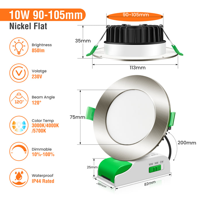 10W LED CCT Dimmable Downlight, Cutout 90-105mm, IP44/IP65 Rated, 6 Pack with External Driver