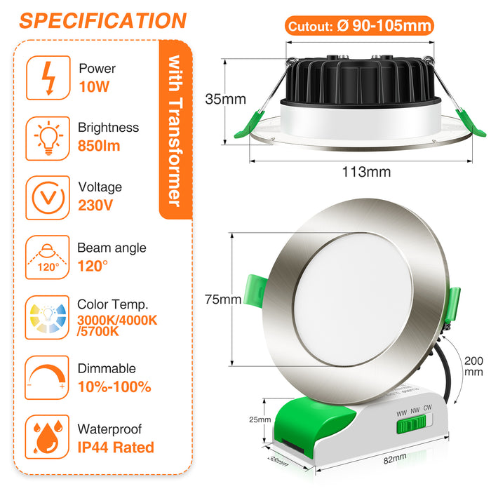 10W LED CCT Dimmable Nickel, Cutout 90-105mm 6 Pack