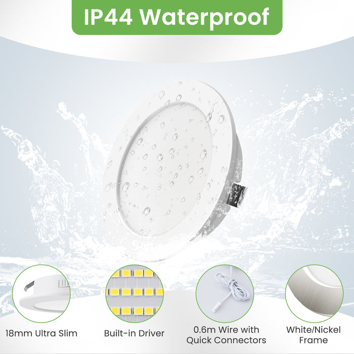 Upgraded 12V-24V RV 4W LED Recessed Spotlight 3CCT, IP44, Cutout 55-58mm, 6 Pack, White / Nickel