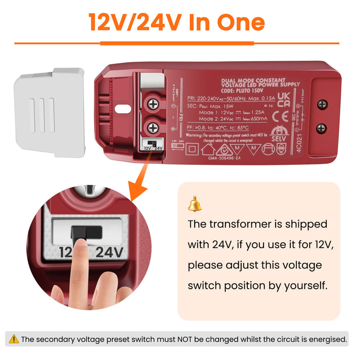 DC 12V/24V LED Driver Power Supply Transformer+extension cable+Junction box 15W