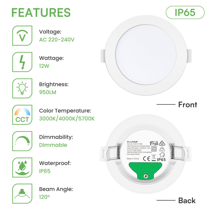 10W/12W/14W Led Downlight Dimmable Tri-coulor IP44/IP65 Recessed Ceiling Lights, 70/90/120mm Cutout, 6 pack