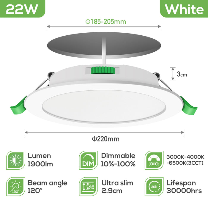 22W Ultra Slim LED Downlight CCT Dimmable IP44,Cutout 185-205mm 6 Pack