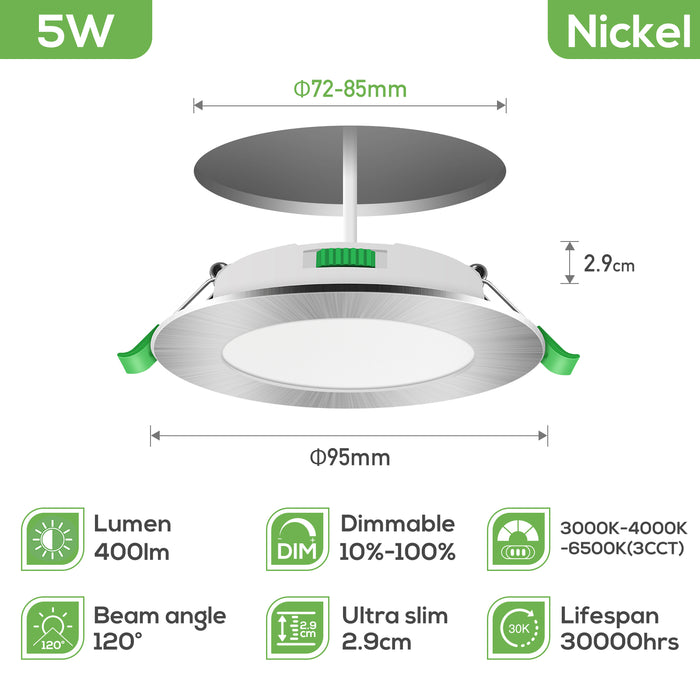 5W Nickel Ultra Slim LED Downlight 3CCT Dimmable IP44,Cutout 72-85mm 6 Pack
