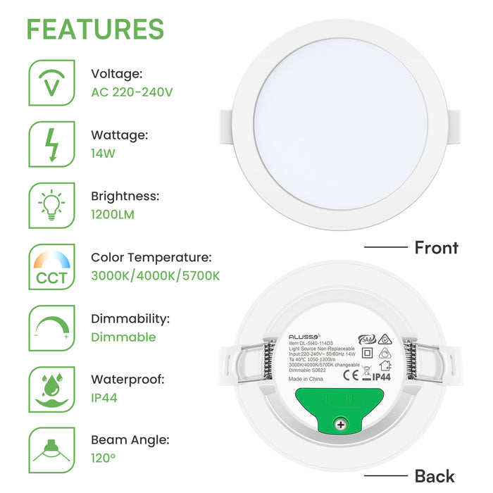 10W/12W/14W Led Downlight Dimmable Tri-coulor IP44/IP65 Recessed Ceiling Lights, 70/90/120mm Cutout, 6 pack