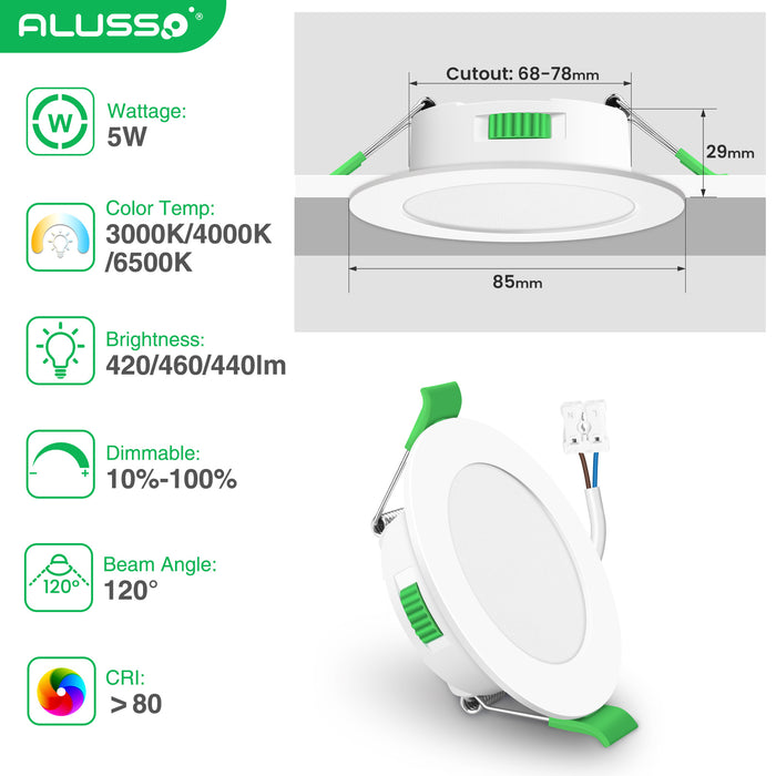 10 Pack 5W 68-78mm Cutout Ultra Slim LED Downlight 3CCT 3000K 4000K 6500K Dimmable IP44 White/Nickel Frame