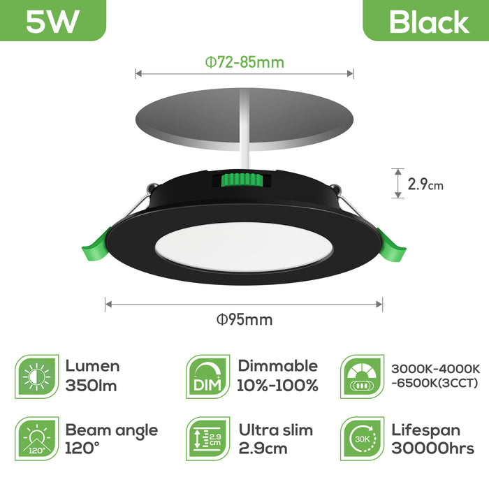 5W Black Ultra Slim LED Downlight CCT Dimmable IP44 Cutout 72-85mm 6 Pack
