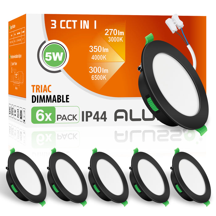 5W Black Ultra Slim LED Downlight CCT Dimmable IP44 Cutout 72-85mm 6 Pack