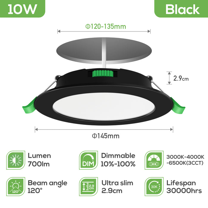 10W Recessed Spot Light Tri Color Dimmable IP44 Black,Cutout 120-135mm 6 Pack