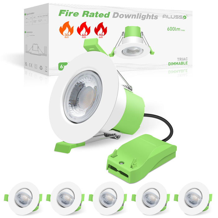 6 Pcs Recessed Fire Rated Ceiling LED Downlights, Cutout 53-70mm, 6w, 3CCT, Dimmable, White/Nickel Frame