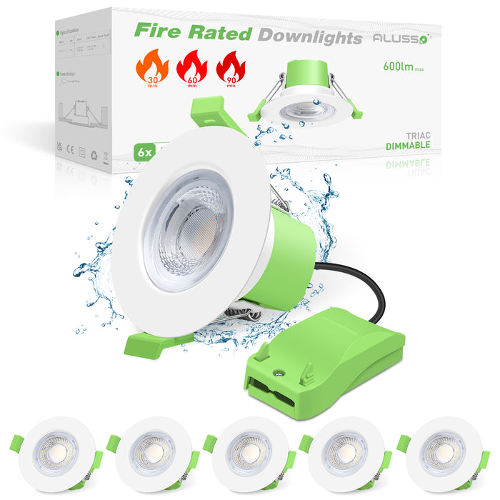 6 Pcs Recessed Fire Rated Ceiling LED Downlights, Cutout 53-70mm, 6w, 3CCT, Dimmable, White/Nickel Frame