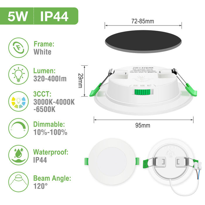 4W 5W 7W 10W 15W 22W Ultra Slim LED Downlight 55-205mm Cutout 3CCT 3000K 4000K 6500K Dimmable IP44 White/Nickel/Black Frame, 6 Pack