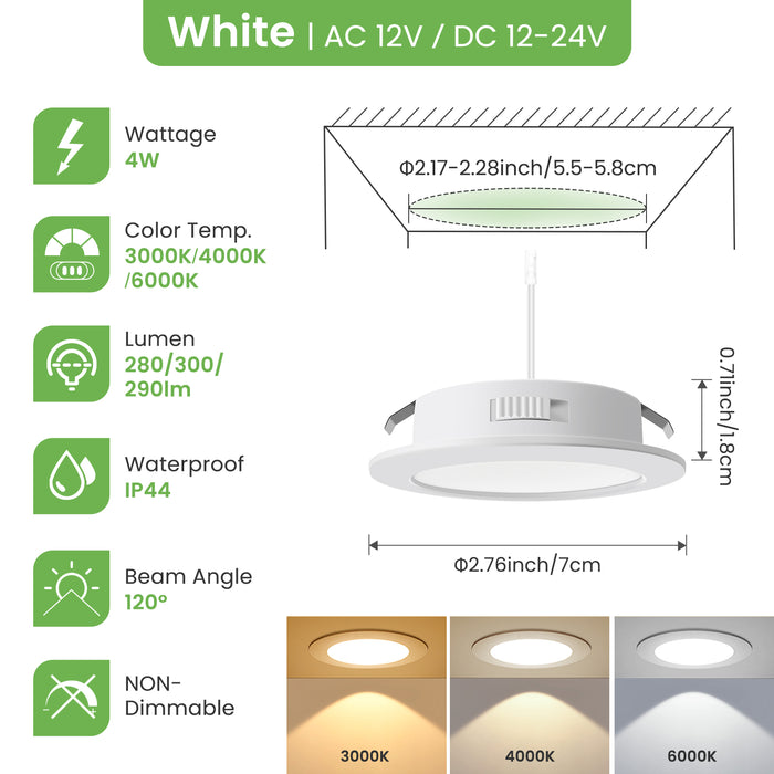 Upgraded 12V-24V RV 4W LED Recessed Spotlight 3CCT, IP44, Cutout 55-58mm, 6 Pack, White / Nickel