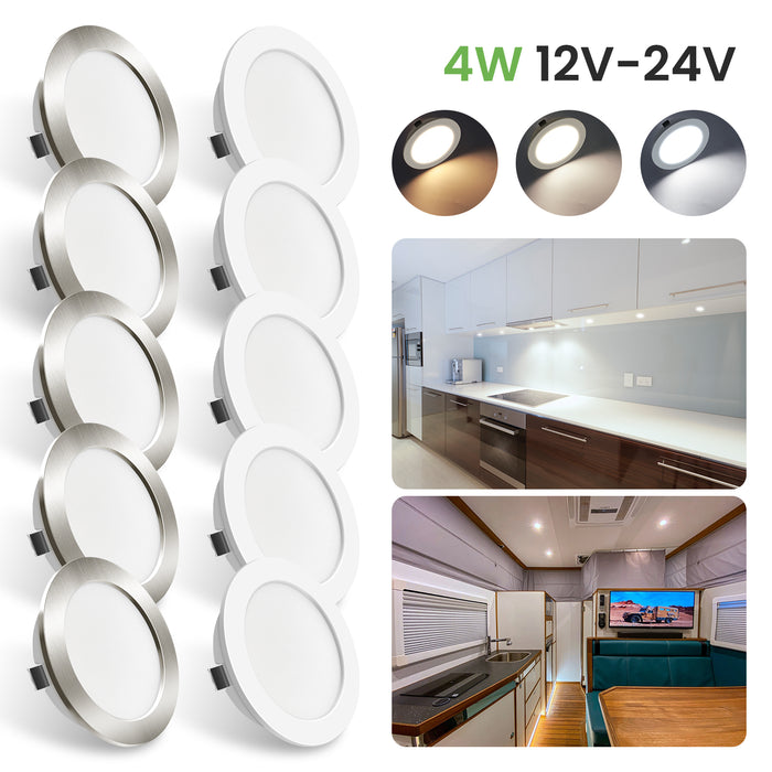 Upgraded 12V-24V RV 4W LED Recessed Spotlight 3CCT, IP44, Cutout 55-58mm, 6 Pack, White / Nickel