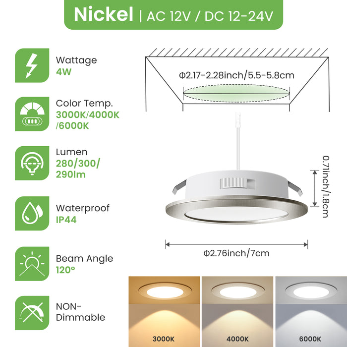 Upgraded 12V-24V RV 4W LED Recessed Spotlight 3CCT, IP44, Cutout 55-58mm, 6 Pack, White / Nickel