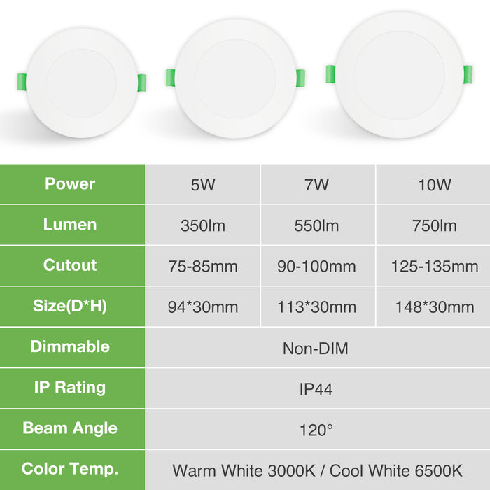 5W/7W/10W Ultra Slim LED Downlight 3000K / 4500K / 6500K IP44,Cutout 75-135mm 6 Pack