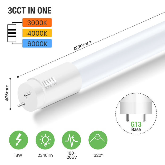 ALUSSO 3CCT LED Tube 120 cm, T8 2340LM 18 W LED Fluorescent Tube, G13 Tube Including Starter, 320° Beam Angle, Pack of 10