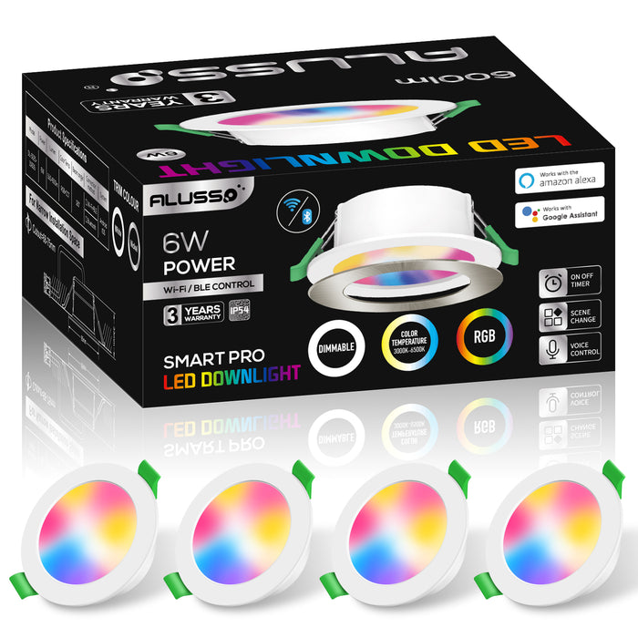 WIFI & Bluetooth 6W Smart RGB LED Downlights, 68-75mm Cutout, White & Nickel Frame, 4 Pack, IP54