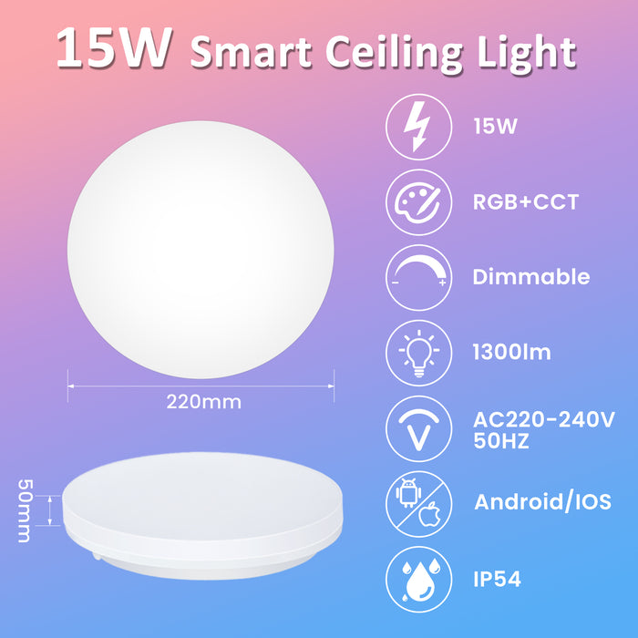 15W WIFI Smart RGBW LED Ceiling Light, 220mm*50mm, IP54, 1 PACK