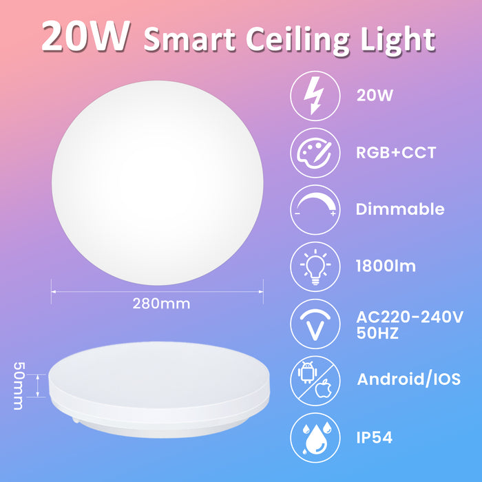 15W/20W/25W WIFI Smart RGBW LED Ceiling Light, IP54, 220-330mm, 1PACK