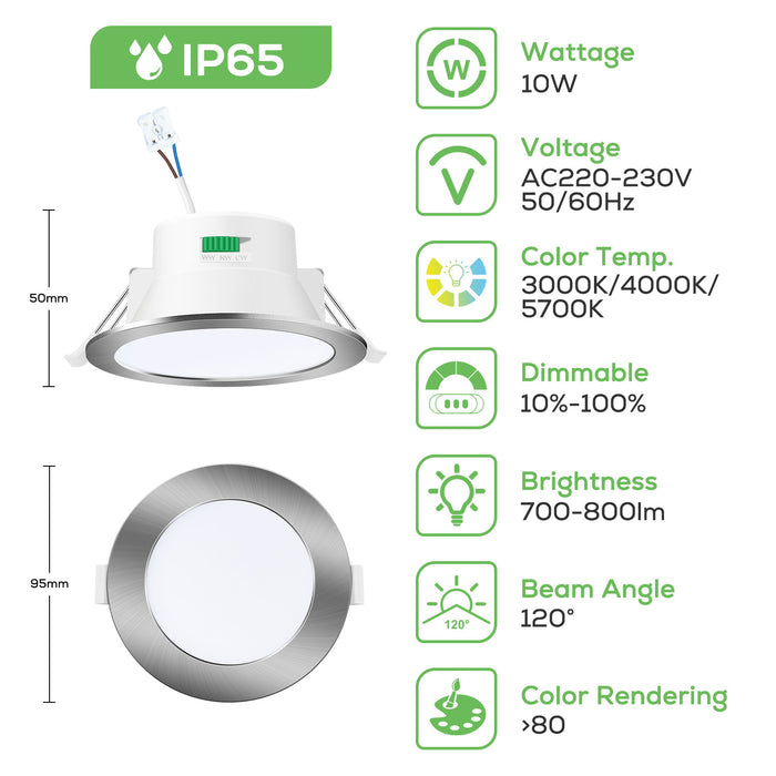 10W/12W/14W Led Downlight Dimmable Tri-coulor IP44/IP65 Recessed Ceiling Lights, 70/90/120mm Cutout, 6 pack