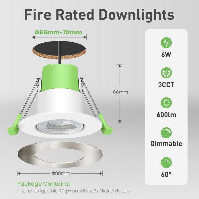 6 Pcs Recessed Fire Rated Ceiling LED Downlights, Cutout 53-70mm, 6w, 3CCT, Dimmable, White/Nickel Frame