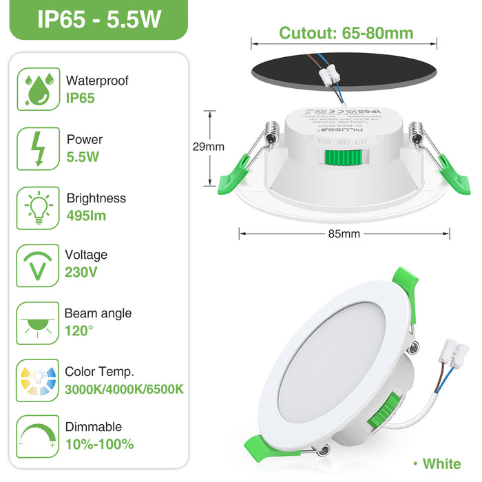 10pcs White Recessed LED Ceiling Lights 5.5W Dimmbale 65-80mm Cutout IP65 Waterproof