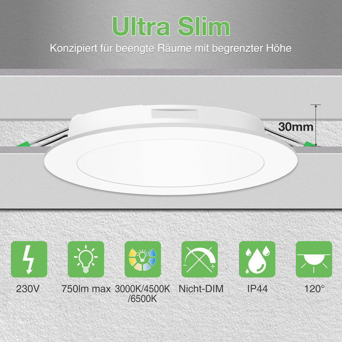 5W/7W/10W Ultra Slim LED Downlight 3000K / 4500K / 6500K IP44,Cutout 75-135mm 6 Pack