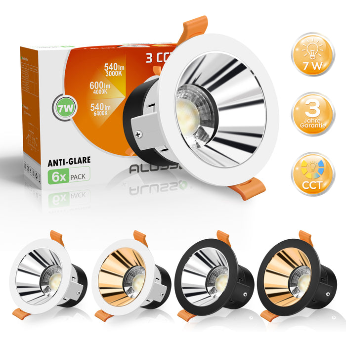 Anti-Glare LED Downlights 7W CCT Cutout 75-80mm, 6 Pack, Golden/Silver with White Frame