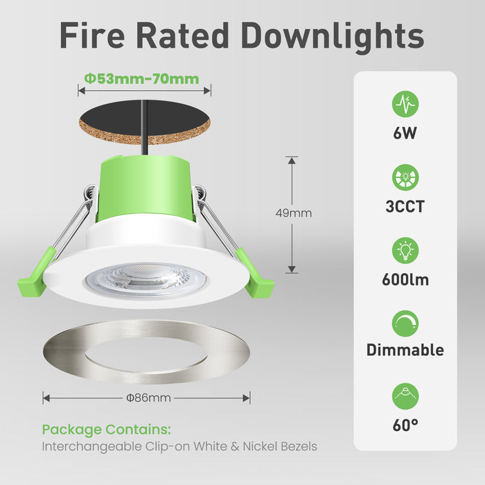 6 Pcs Recessed Fire Rated Ceiling LED Downlights, Cutout 53-70mm, 6w, 3CCT, Dimmable, White/Nickel Frame