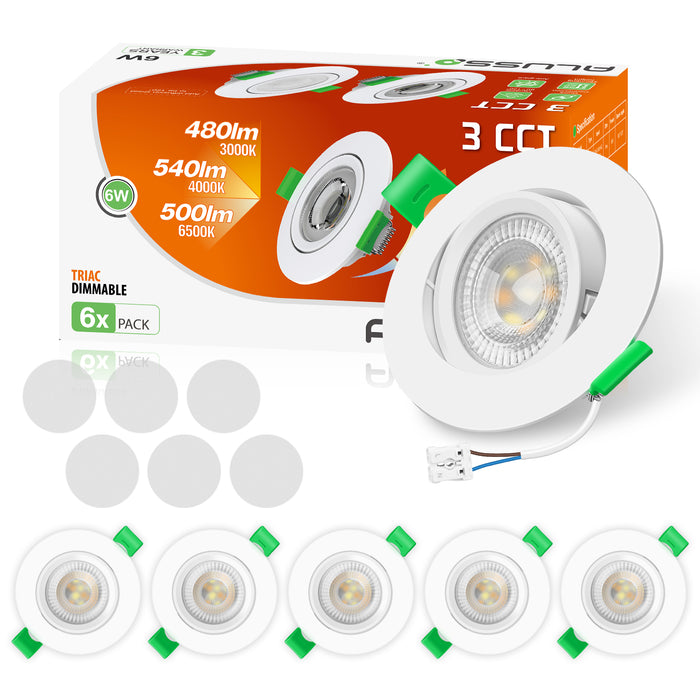 6W ∅75-78mm Recessed Led Ceiling Lights Tilt Angle, Tri-Color, Dimmable, IP20, 6 PACK