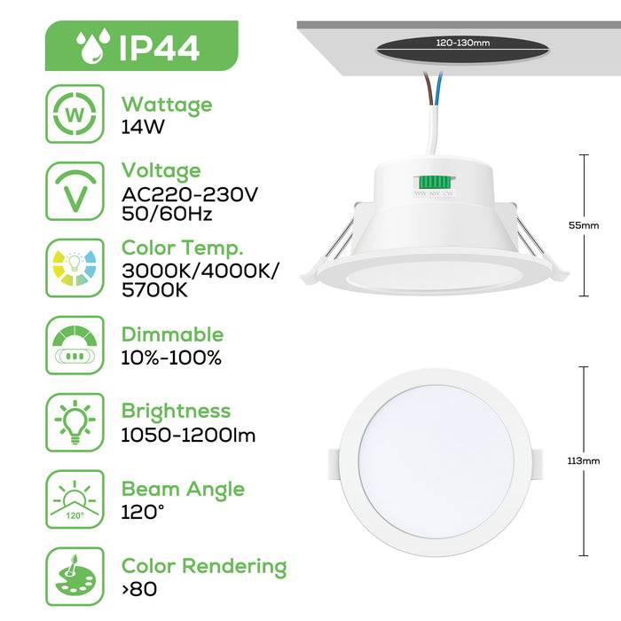 10W/12W/14W Led Downlight Dimmable Tri-coulor IP44/IP65 Recessed Ceiling Lights, 70/90/120mm Cutout, 6 pack