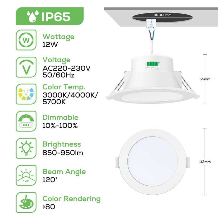 10W/12W/14W Led Downlight Dimmable Tri-coulor IP44/IP65 Recessed Ceiling Lights, 70/90/120mm Cutout, 6 pack