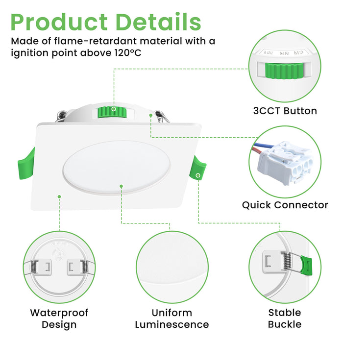 6 Pack Square 4W 55-68mm Cutout Ultra Slim LED Downlight 3CCT 3000K 4000K 6500K Dimmable IP44 White/Nickel Frame