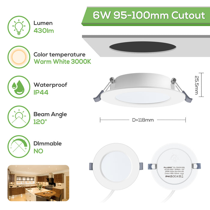 6W Ø95-100mm LED Recessed Ceiling Lights Utral Slim, Warm White 3000K, 6 PACK, IP44