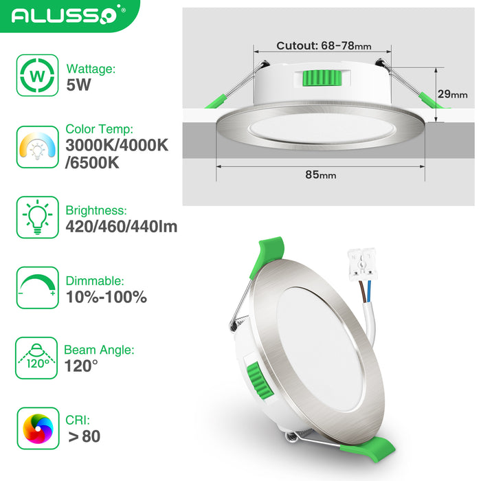 10 Pack 5W 68-78mm Cutout Ultra Slim LED Downlight 3CCT 3000K 4000K 6500K Dimmable IP44 White/Nickel Frame