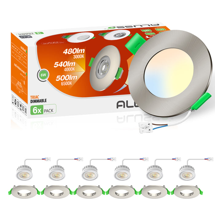 6W ∅68-75mm Nickel Recessed Led Ceiling Lights Flach 60°/120° Variable Beam Angle, Tri-Color, Dimmable, IP44, 6 PACK