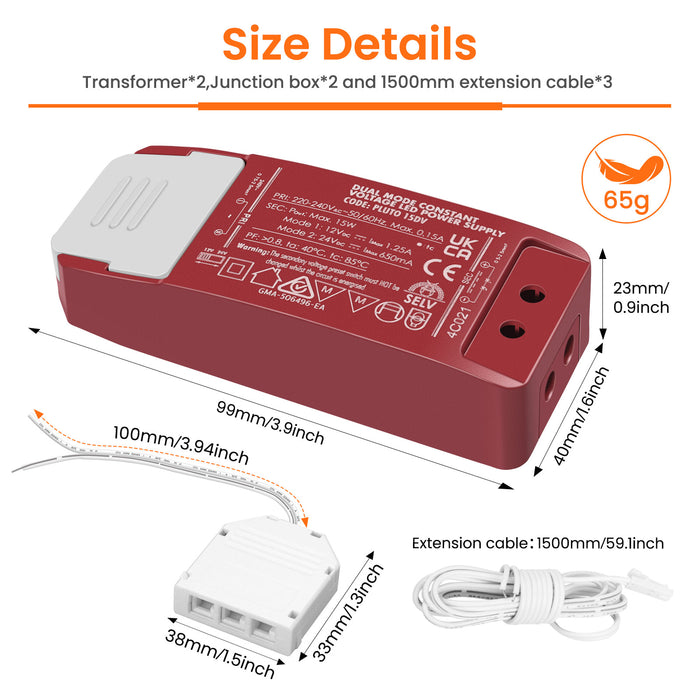 DC 12V/24V LED Driver Power Supply Transformer+extension cable+Junction box 15W