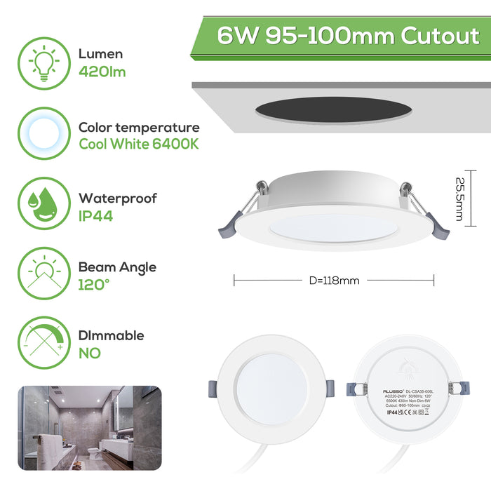 6W Ø95-100mm LED Recessed Ceiling Lights Utral Slim, Cool White 6400K, 6 PACK, IP44